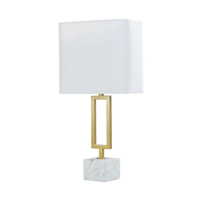HOMETRENDS Table Lamp with a white square linen shade, painted gold rectangular open-frame polyresin base, and faux marble cube bottom, featuring a rotary switch, suitable for bedrooms, offices, or living rooms.
