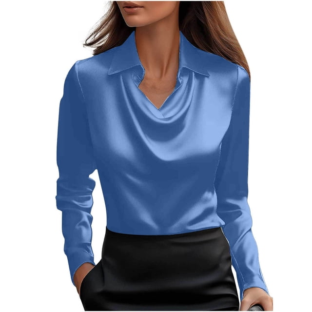 Yanlir Chemisier Haut à Revers en Satin Uni pour Femme, Printemps Automne, Col Rond, Mode Décontractée, Boutons, Blouse Confortable pour le Bureau, le Travail, le Port Quotidien (Navy#1, 2TG)