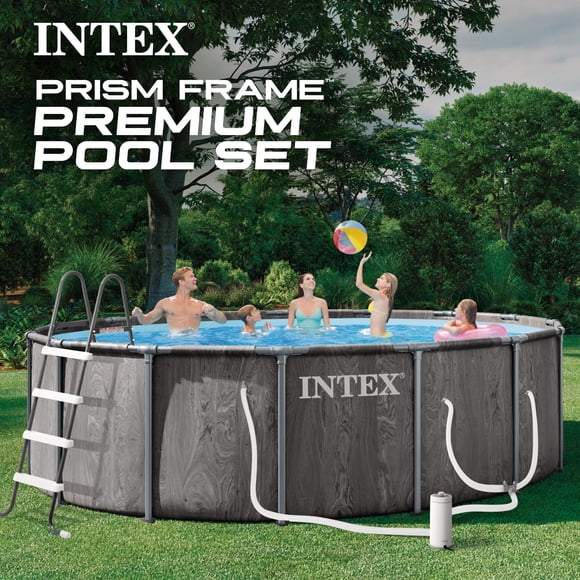 Ensemble de piscine premium Intex 18ft x 48in en bois gris prism, Âge : 6+