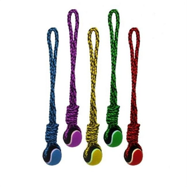 CHOK Nuts for Knots Rope Tug with Tennis Ball Dog Toy, 20-inch, shown in assorted colors including blue, purple, yellow, green, and red. Made from durable, heavy-duty woven cotton rope, designed for active chewers and suitable for games of fetch, tug, or as a dog chew toy.