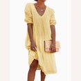 thumbnail image 1 of CEHVOM Robe Mi-Longue Décontractée Plissée pour Femme en Coton et Lin Uni à Manches Mi-Longues, 1 of 6