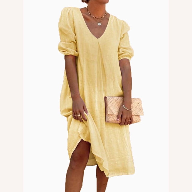 CEHVOM Robe Mi-Longue Décontractée Plissée pour Femme en Coton et Lin Uni à Manches Mi-Longues
