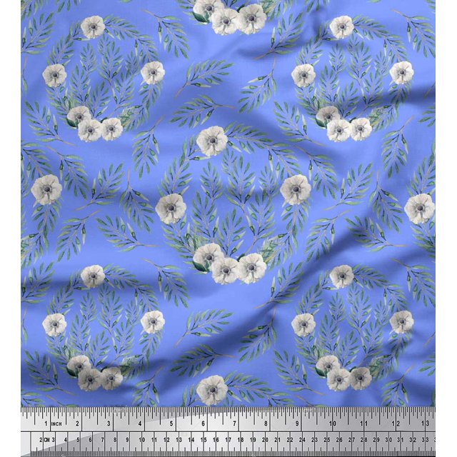 Soimoi Blue Poly Georgette Fabric Anemone & Leaves Print Sewing Fabric Yard 42 Inch Wide