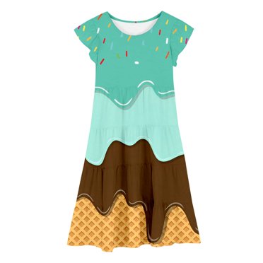 PMVFHDE Robes de Crème Glacée pour Filles Robe Évasée Robes d'Été pour Filles Tenue de Fête Robe à Imprimé de Crème Glacée à Étages avec Manches Volantées pour Enfants Taille Élastique Confortable Tenue de Photo Extérieure Vert,14-15 Ans
