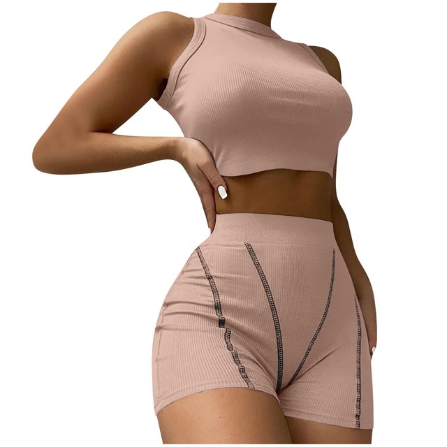 Mikilon Ensemble Élégant pour Femmes 2 Pcs Été Sans Manches Col Rond Slim Haut Shorts Confort Ensemble 2 Pcs Funky Confort Sans Manches Col Rond Ensemble Haut/chemise Kaki L