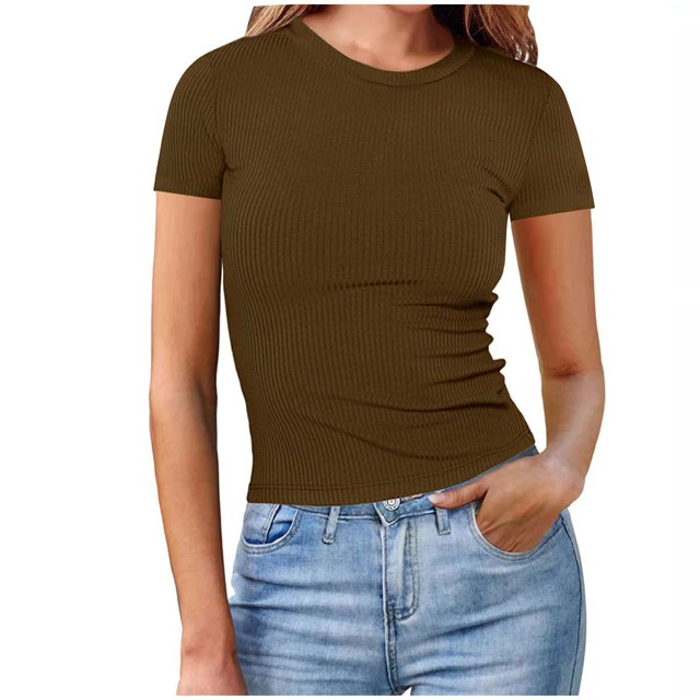 Plebaso Women's Basic T Shirts Ribbed High Neck Slim Tee Shirts Short Sleeve Casual Solid Color Tshirts