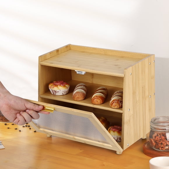 GOGRANT Double Layer Bamboo Bread Box, Large Farmhouse Bread Storage Container with Acrylic Window for Kitchen Counter, Bread Keeper for Homemade Loaves