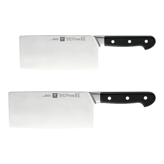 ZWILLING Pro 2 Piece Knife Set featuring a 6-inch meat cleaver and a 7-inch Chinese chef knife. Both knives have a durable POM handle with triple rivets for stability and a curved bolster for improved precision and comfort. The blades are made from SIGMAFORGE high-carbon stainless steel, ice-hardened for sharpness and durability. Designed in Italy by Matteo Thun and manufactured in Germany by ZWILLING J.A. Henckels.