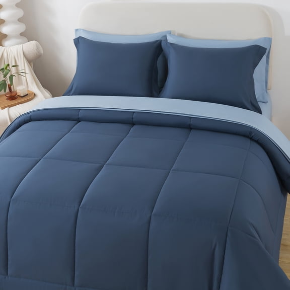 Mainstays All in One Reversible Comforter and Sheet Set, 7-Piece, Double, Navy