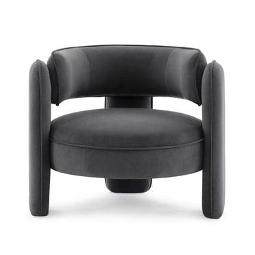 Mid Century Modern Barrel Accent Chair – Upholstered Armchair with Supportive Armrests, Soft Boucle Upholstery – Perfect for Reading in Living Room, Bedroom, Office, Apartment – Dark Gray Soft