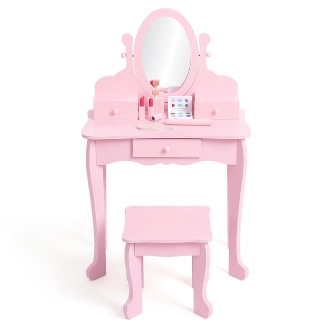 QinaQin Girl's Dressing Table Set with Mirror and Stool - Wooden Dressing Table, Adjustable Dressing Game Set with Storage Space, Perfect Birthday Gift for Girls Aged 4-9