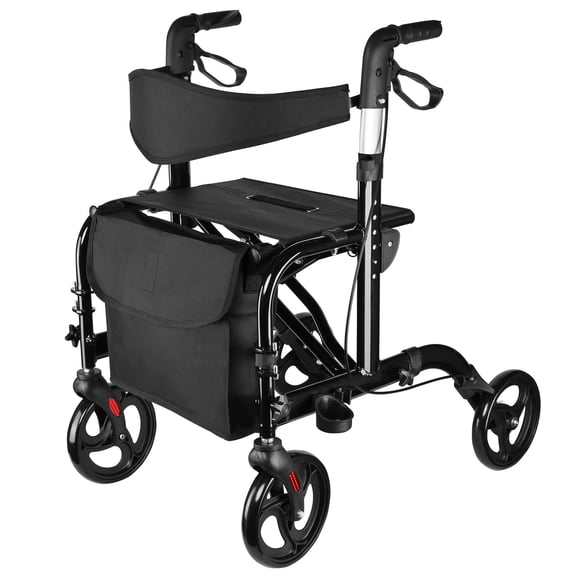 Déambulateur pour Aînés avec Siège, Poignée et Hauteur de Siège Ajustables, Roues de 8 Pouces, Déambulateur à Roulettes Pliable avec Sac de Rangement sous le Siège, Capacité de Charge de 300 Lb
