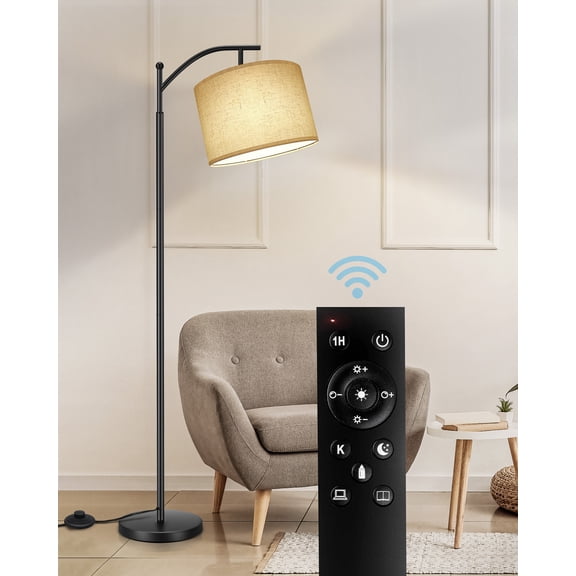 OUTON 63" Floor Lamp with Remote Control, Modern Standing Lamp with Hanging Linen Shade, Metal Floor Lamp for Living Room, Bedroom(Black)