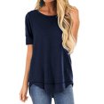 thumbnail image 2 of T-shirt pour Femmes, Haut Uni à Coutures, Ourlet Asymétrique, Blouse à Col Rond, Bleu Marine, M, 2 of 7