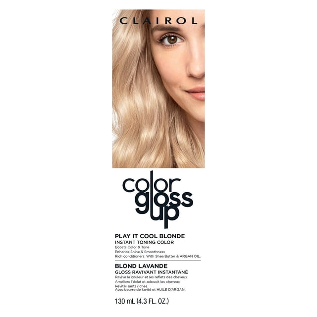 Clairol Color Gloss Up Teinture Capillaire Temporaire en Jeu Blond Frais Montrant des Cheveux Blonds Ondulés et Frais avec une Brillance Accrue. Ce 130 ml (4.3 fl. oz.) Tonifiant Instantané Rehausse la Couleur et le Ton Tout en Revitalisant avec Beurre de Karité et Huile d'Argan pour une Douceur et un Rafraîchissement de la Couleur.