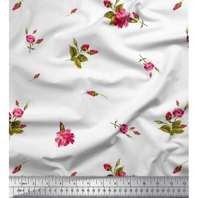 Soimoi Modal Satin Fabric Leaves & Carnation Floral Print Fabric by The Yard 42 Inch Wide