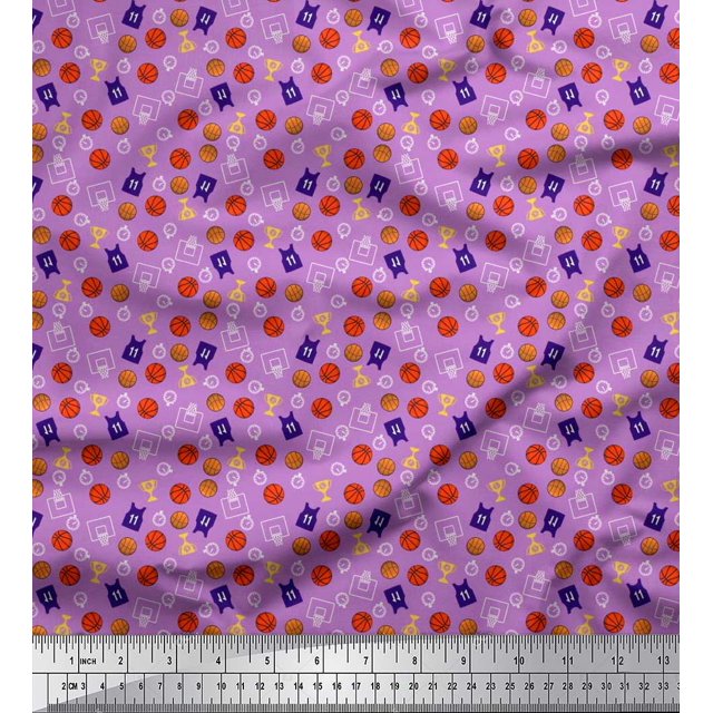 Soimoi Polyester Crepe Fabric Trophy,Timer Clock & Basketball Sports Print Sewing Fabric Yard 42 Inch Wide