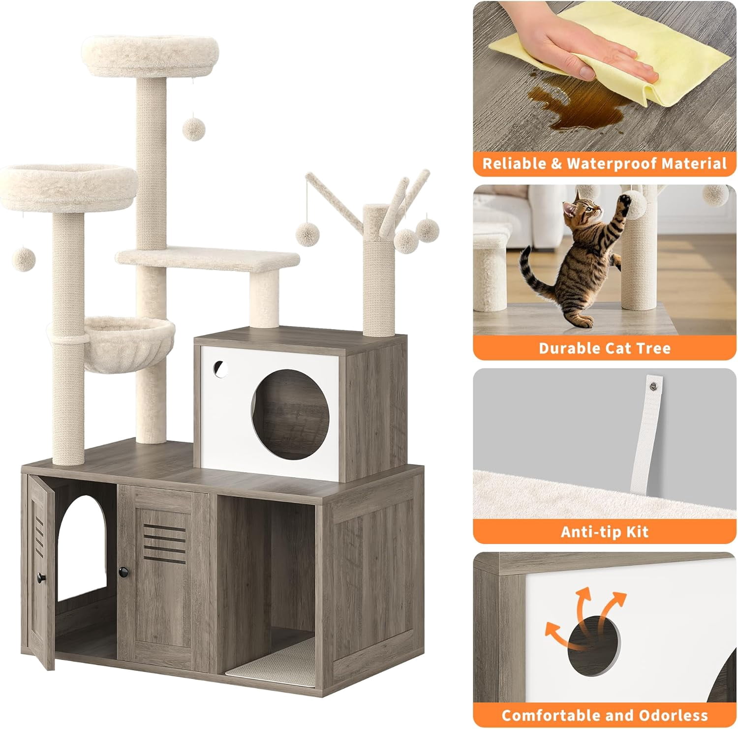 EastVita Cat Tree with Litter Box Enclosure, Wooden Cat Condo with Platform, Gray
