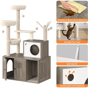 EastVita Arbre de chat avec boîte à litière, Condo de chat en bois avec plate-forme, Gris
