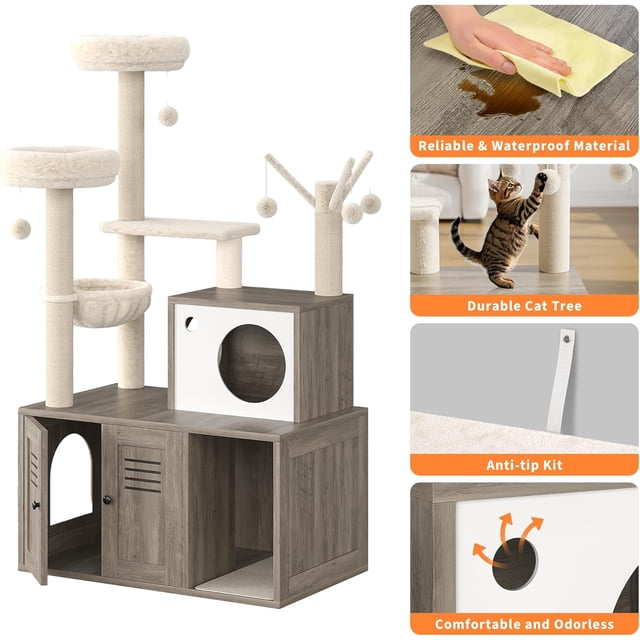 EastVita Cat Tree with Litter Box Enclosure, Wooden Cat Condo with Platform, Gray