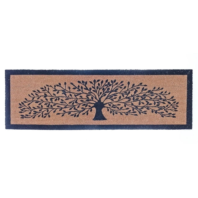 IH Casa Decor Natural Fibers Door Mat Tree 16 X 48 with a rectangular natural brown surface and black border, featuring a black tree with spreading branches and leaves, made from eco-friendly coconut fibers for indoor floor use and effective dirt scraping, also suitable as a decorative entryway mat.