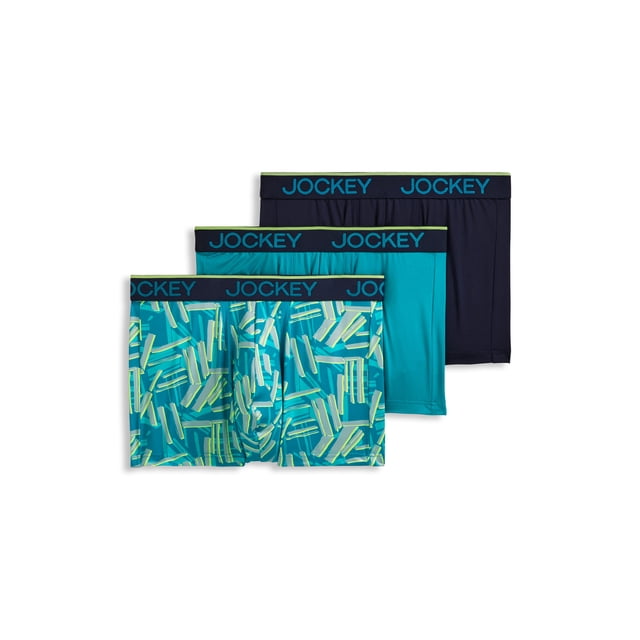 Jockey Men's Chafe Proof Pouch Microfiber 3" Trunk - 3 Pack featuring mid-rise men's trunks with a 3-inch inseam. Includes three designs: a vibrant geometric print, solid teal, and solid navy, all with Jockey-branded waistbands. Ergonomically engineered pouch with mesh lining for enhanced airflow, moisture-wicking, and reduced chafing. Ideal for active wear and everyday comfort.