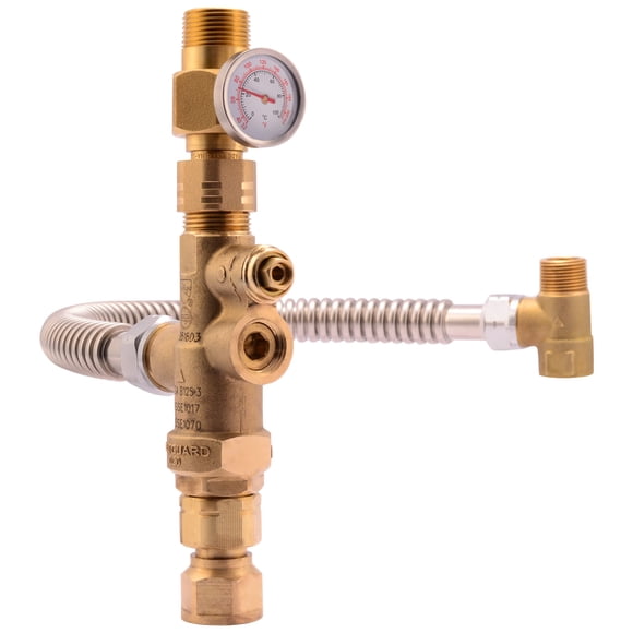 Cash Acme Chauffe-Eau Surpresseur de Réservoir 3/4 Pouce Valve de Mélange Thermostatique avec Jauge de Température et Tuyau Ondulé, Tuyau PEX, PE-RT, CPVC, Cuivre, 24643