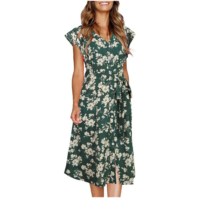 Pisexur Robe à Manches Courtes Col en V Longueur Genou Mode Femmes Robes Été Imprimé Décontracté Col en V Manches Courtes Bouton Vacances Plage Robe Femmes Robe