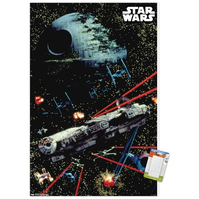 Star Wars: Saga - Space Battle Wall Poster, 22.375" x 34" depicting a space battle scene with the partially constructed Death Star, multiple blue TIE fighters, and the Millennium Falcon firing red laser beams against a star-filled black background, ideal for room decor in bedrooms or offices.