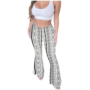 LOVZFMLL Women's Pants, Tight Fitting Butt Non-Seamless Print Flared Pants White, M