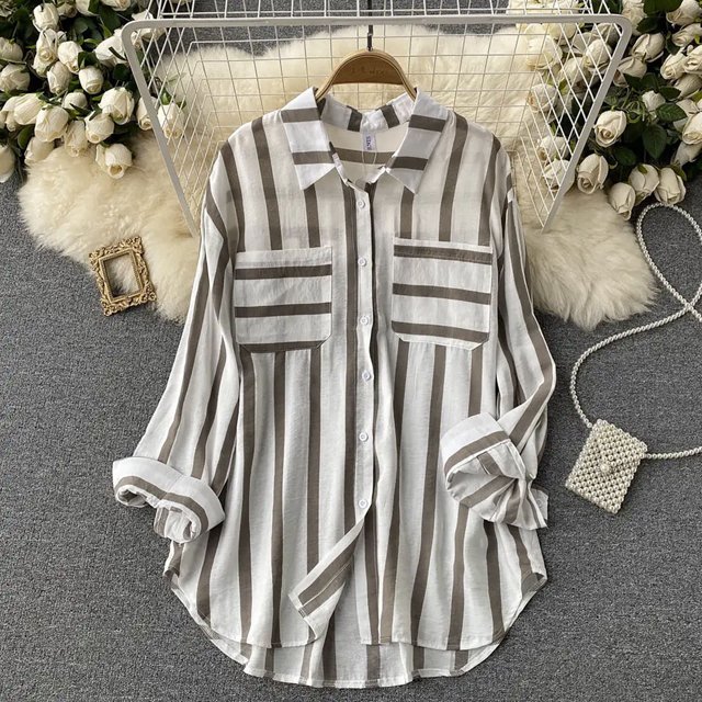 EQWLJWE Liquidation d'Été! Chemise Décontractée Mi-Longue à Rayures Verticales Multicolores pour Femmes, Manches Longues