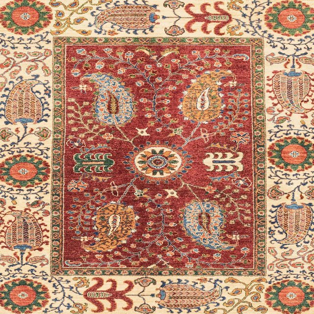 Ahgly Company Tapis d'Intérieur Carrés Abstraits Rouges Orientaux, 7 Pieds Carré