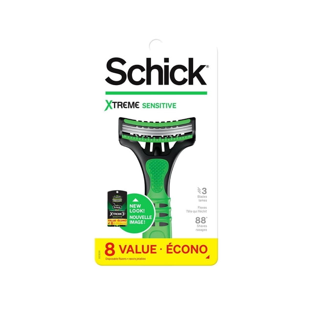Schick Xtreme 3 Mens Sensitive Skin Disposable Razor pack containing eight black and green razors with three flexing blades and dual lubricating strips with aloe and vitamin E, featuring ergonomic rubber handles for a comfortable grip, designed to provide close shaves while protecting sensitive skin from irritation.
