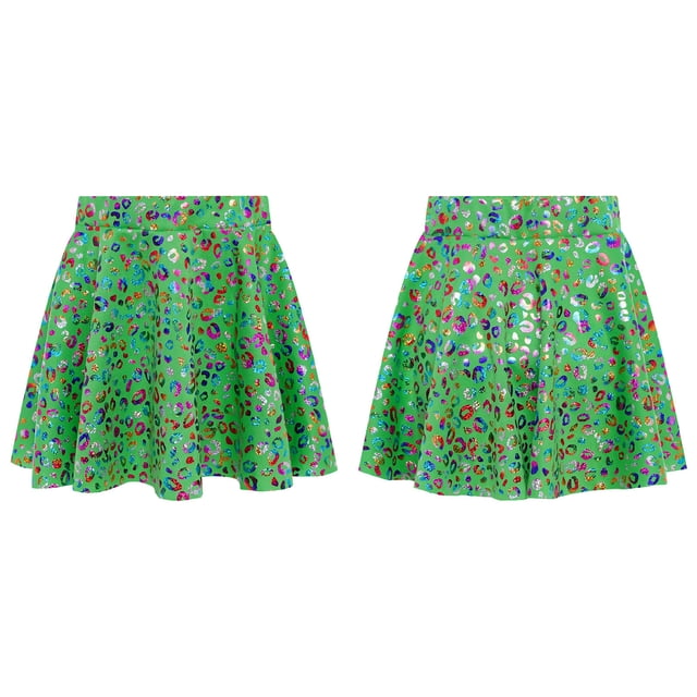 Lejafay Girls Flared Pleated A-Line Skirts Shiny Metallic Dance Performance Costume Cheerleading Uniform Green XS