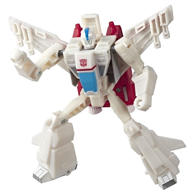 Transformers Toys Cyberverse Action Attackers Warrior Class Jetfire Action Figure, 5.4-inch tall white robot with red and blue accents, wings extended and fists clenched, featuring the Autobot insignia on the chest, designed for easy 9-step conversion from jet to robot mode with a repeatable Sky Surge Action Attack move.