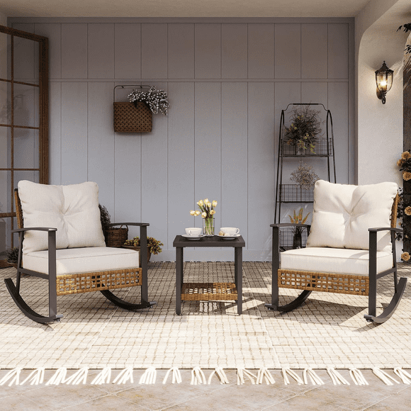 LAUSAINT HOME Ensemble de Conversation de Patio 3 Pcs, Chaises Berçantes en Osier PE avec Coussins Beiges et Table Basse à 2 Niveaux, Mobilier d'Extérieur pour Cour/patio