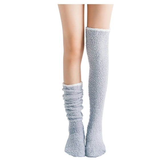 XIAQUJ Women's Solid Fuzzy Socks Winter Warm Over Knee High Socks Home Thigh-High Warm Socks Leggings Socks Grey One Size