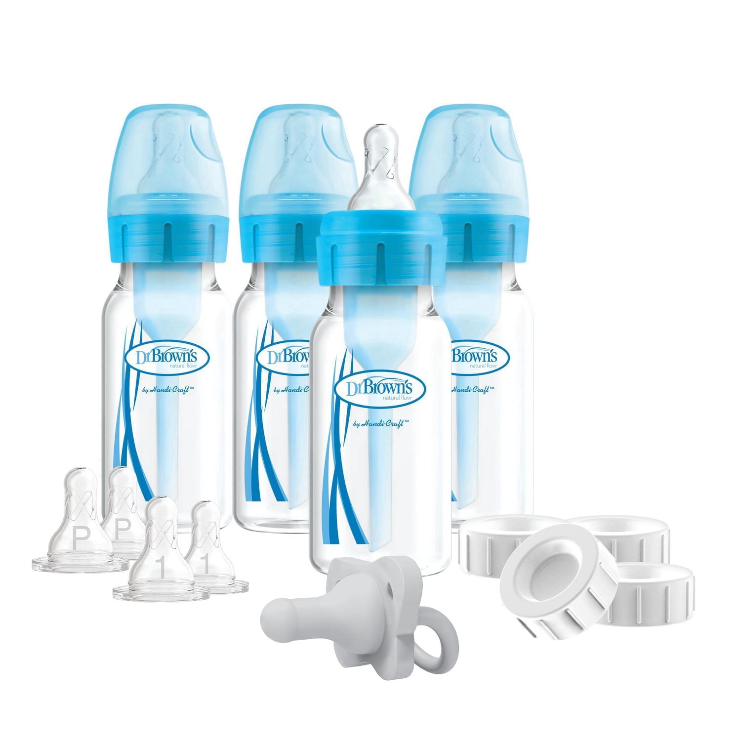 Dr. Brown's Natural Flow Anti-Colic Options+ Narrow Breast to Bottle Pump and Store Feeding Set with Slow Flow Nipples, Baby Bottle Travel Caps and 100% Silicone HappyPaci One-Piece Pacifier, Blue