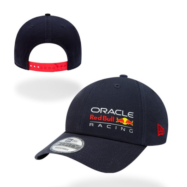 F1 Formula One Racing Red Bull Racing embroidered hat by fanceye, designed as a unisex baseball cap. The cap features a navy blue base with bold Red Bull Racing branding embroidered on the front in white, red, and yellow. It includes a red adjustable snapback closure for a customizable fit. Made from lightweight and breathable cotton and linen material, it offers excellent sweat absorption and quick drying, suitable for year-round use. Ideal for outdoor activities like running, golf, cycling, and travel.