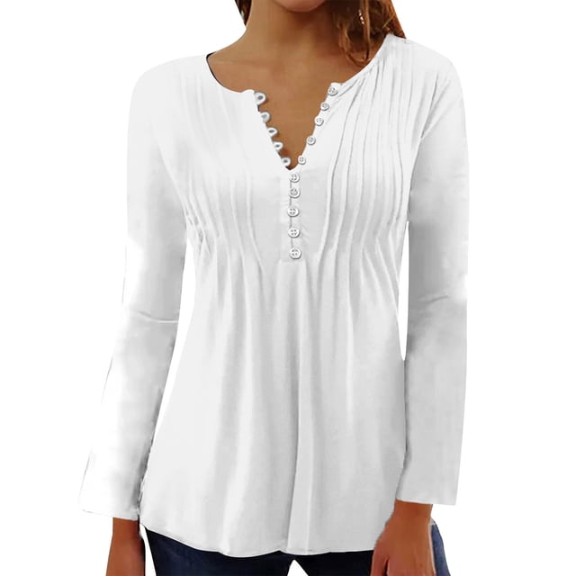 Timegard Hauts pour Femmes Col en V Échancré à Boutons Plissé Manches Longues Confortable Chic Décontracté Tunique Hauts Blouse