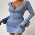 thumbnail image 4 of Solid Color Flare Long Sleeve V-Neck Tie Back Bodycon Dress for Women, 4 of 9