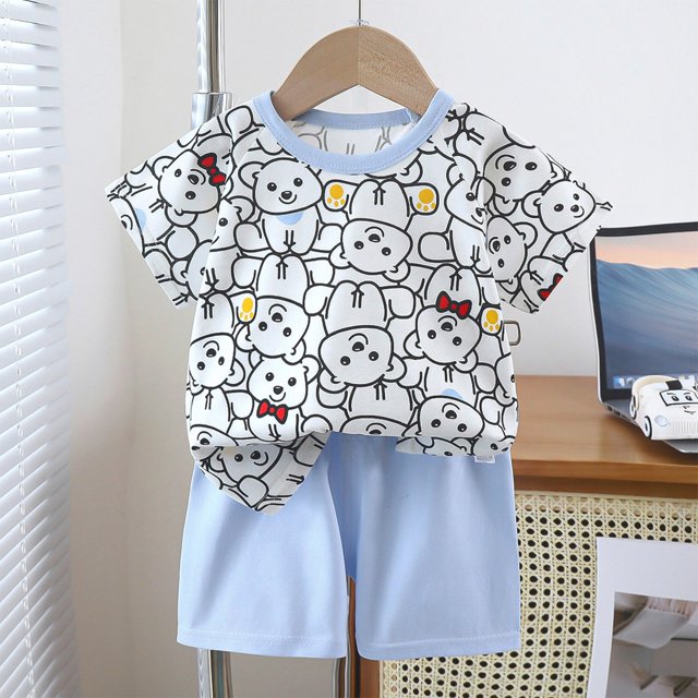 LSLJS Bébé Été Mignon Imprimé Col Rond Manches Courtes + Shorts Ensemble Vêtements d'Été Vêtements pour Enfants à la Mode 2024