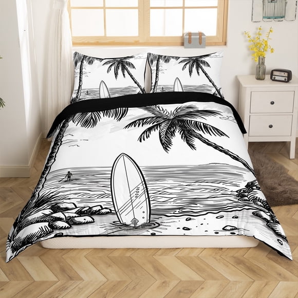 Erosebridal Surfboard Surfing Duvet Cover Queen, Tropical Beach Bedding Sets Queen Size, Marine Theme Decor, Reversible(No Comforter)