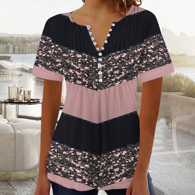 Blouses pour Femmes Imprimé Col en V Boutonné Haut Court