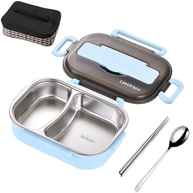 EGNMCR Lunch Bags for Women Lunch Box Bento Box Thermal Insulation Bento Box Tableware Set. A portable, BPA-free lunch container with a stainless steel two-compartment interior, blue plastic exterior, and a transparent lid with utensil storage. Includes a spoon, chopsticks, and a black plaid thermal insulation bag for food storage and temperature control. Suitable for school, work, picnics, or camping.