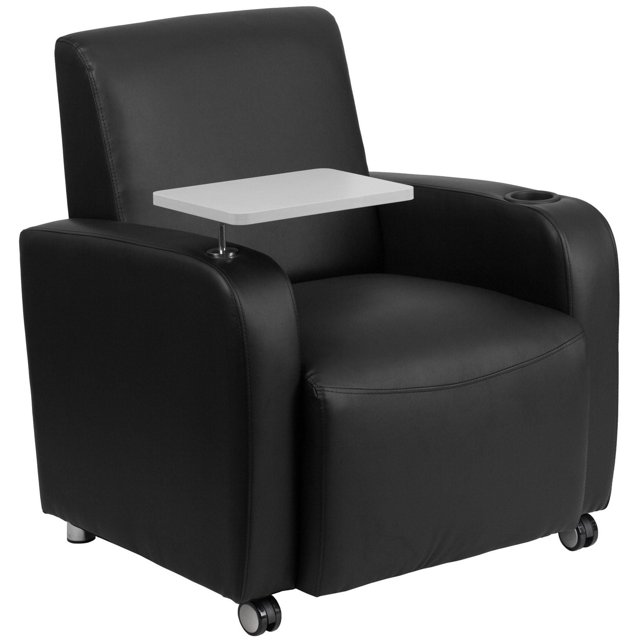 Black Leather Guest Chair with Tablet Arm, Front Wheel Casters and Cup Holder