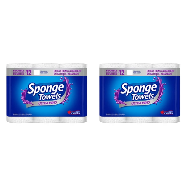SpongeTowels Ultra Pro Double Roll Paper Towel, 6-pk - 2 packs shown side by side. Each pack includes six large rolls, equal to twelve regular rolls, with a Choose-A-Size format for efficient use and reduced waste. The packaging emphasizes extra strength and absorbency, ideal for household cleaning tasks. Made in Canada branding is visible.