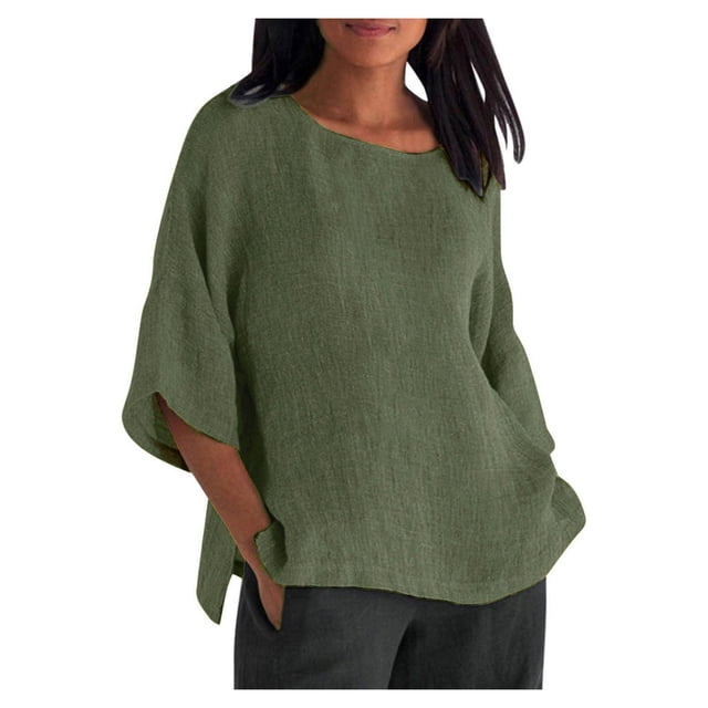UPPADA Hauts pour Femmes Tendance Chemises à Manches 3/4 Habillées Décontractées Blouses en Lin Couleur Unie Col Ras du Cou Chandail d'Été Printemps Hauts