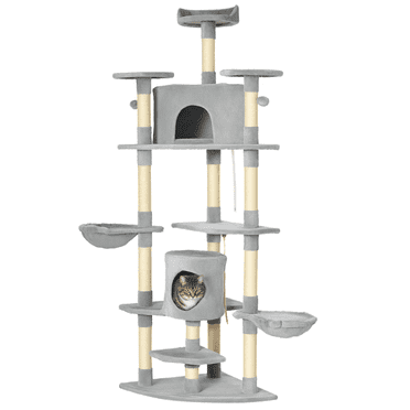 PawHut 79" Large Cat Tree Tower w/ Scratching Posts, Hammock, Light Grey