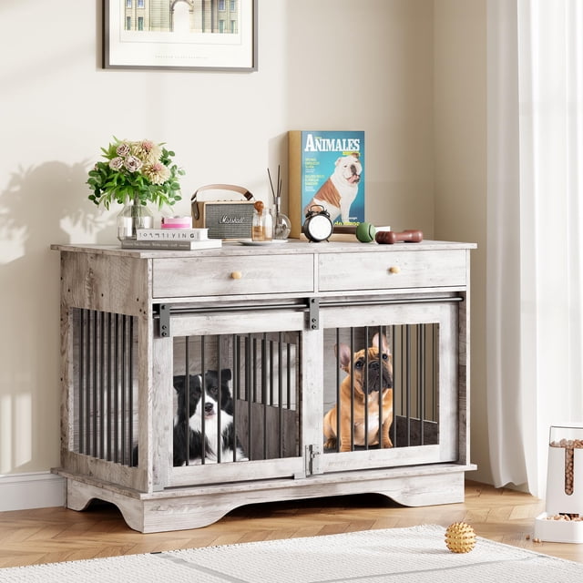 BeesClover 47" Dog Furniture Crate, Large Furniture Style Dog Crate w/ 2 Storage Draws & Removable Divider & Triple Door Design for Large/Medium/Small Dogs,Grey